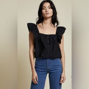 Nation LTD Ada A-line Ruffle Chemise Square Neck Cropped Top Jet Black size XS
